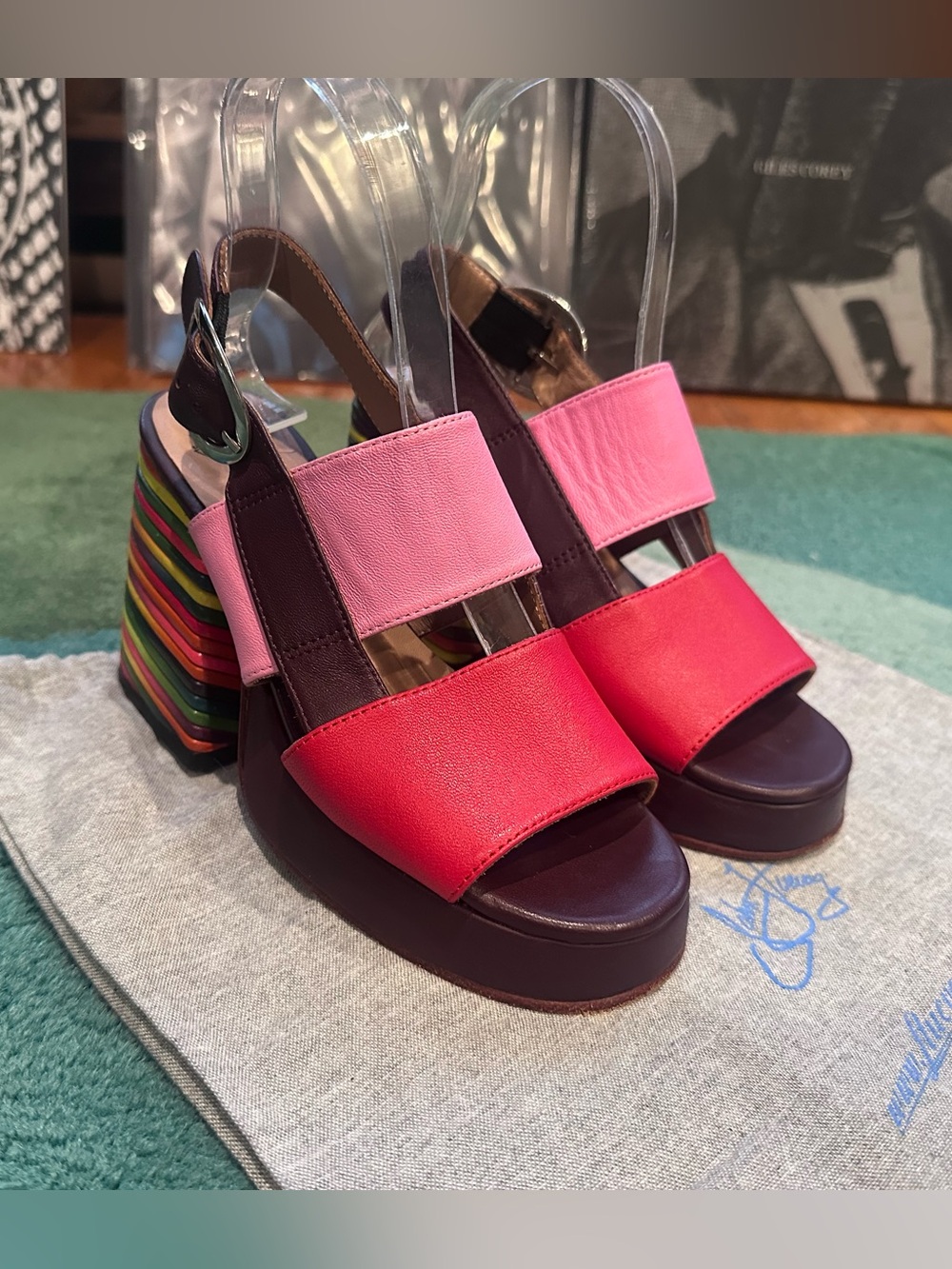 Fluevog NEARLY NEW Picnic Kerry striped rainbow heel platform open-toe sandal -6 - Picture 2 of 16